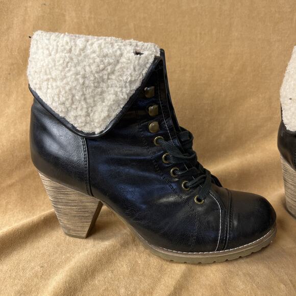 Chelsea Crew Heeled Booties Sherpa Lined Black Lace Up Sz 10 - Picture 4 of 8